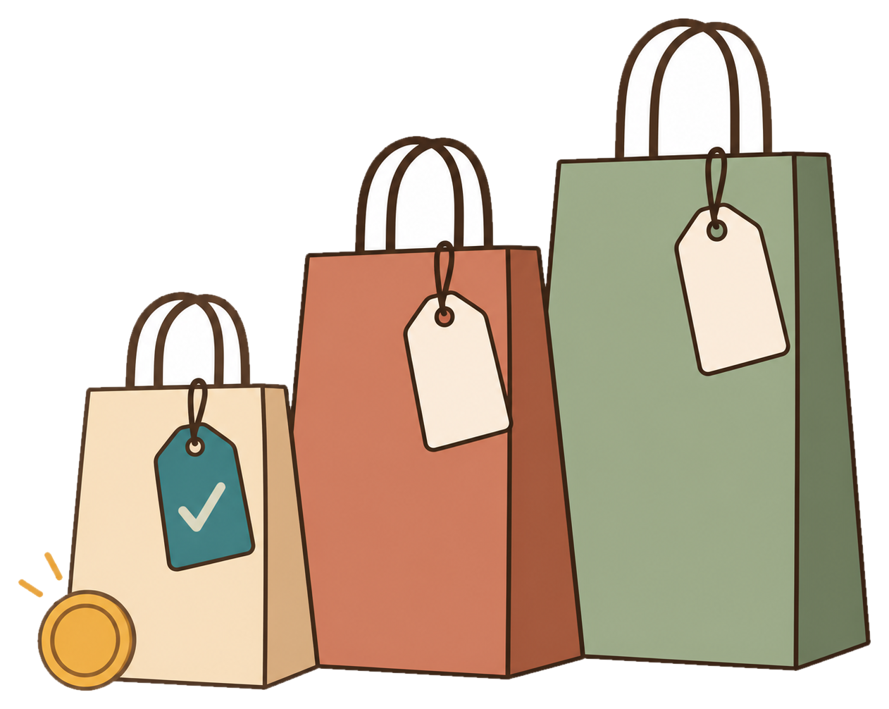 Three shopping bags, the smallest with a teal tag and tick.